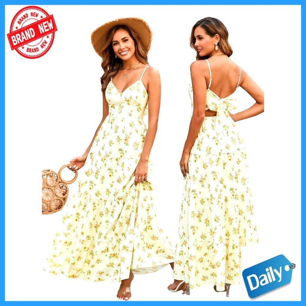 Maxi Sundress with V-Neck Spaghetti Straps Backless Boho Beach Dress